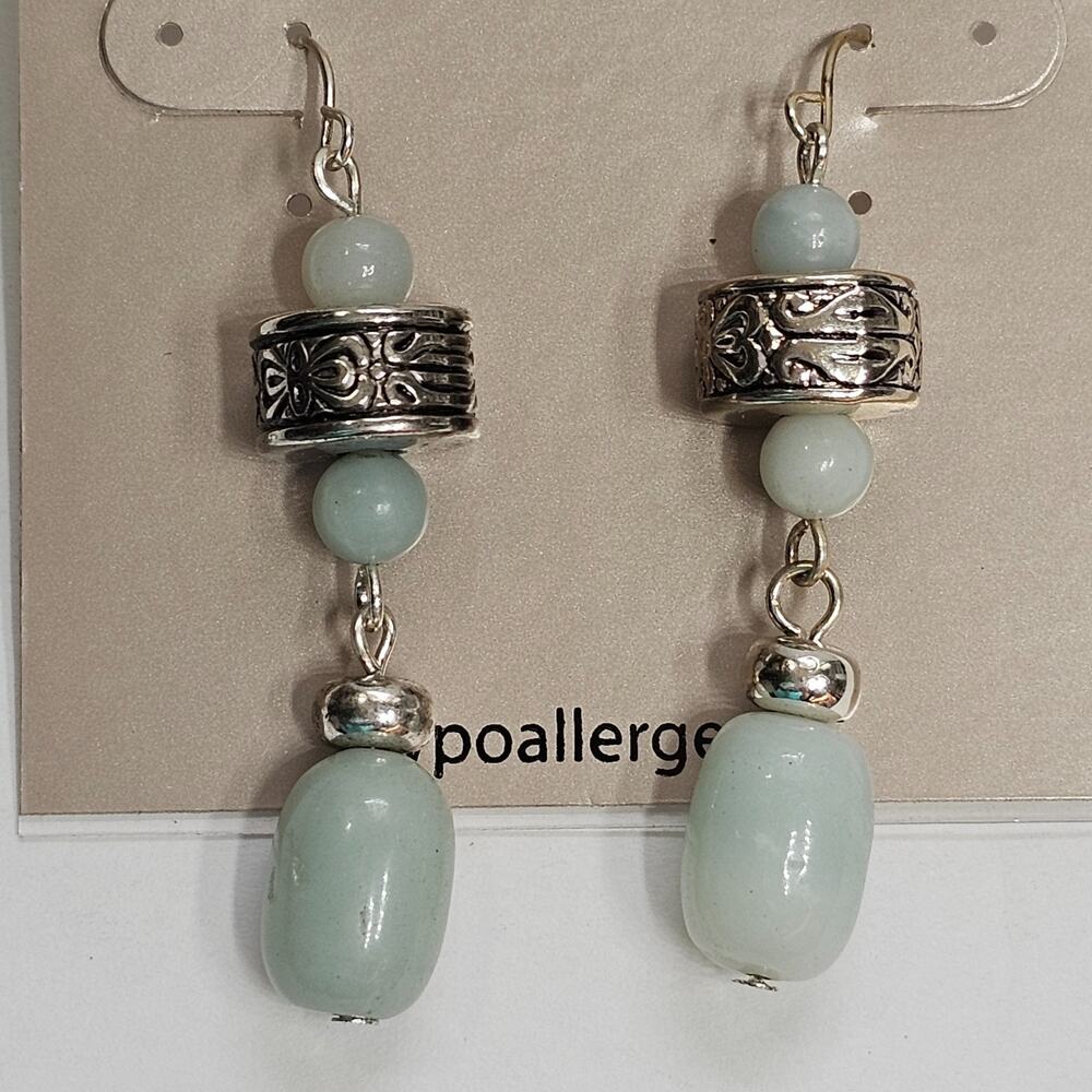 Sensitive Ears Amazonite Dangle/Drop Earrings Hypoallergenic Silvertone NEW